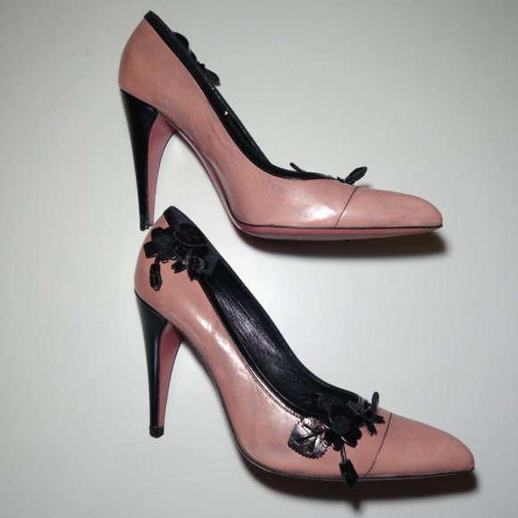 Vtg Prada Delicate Leather Floral Detail At The Top & Bottom Of Heels, Sz 8.5 - Picture 8 of 16